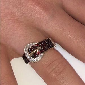 Solid 10K Yellow Gold Natural Garnet Gemstone Diamond Buckle Ring (not 14K )
